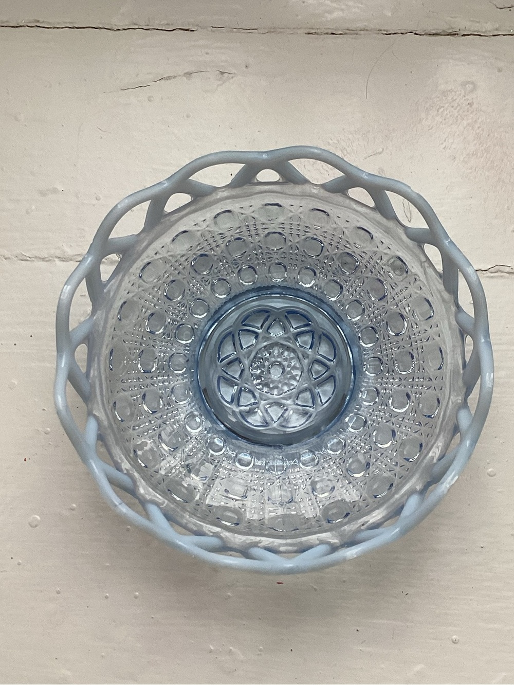 Vintage Imperial Glass Katy Blue opalescent Laced Edge Bowl